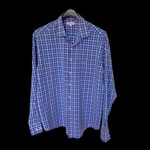Peter Millar Summer Comfort Shirt Mens XL Blue Pink Gingham Performance Long Slv